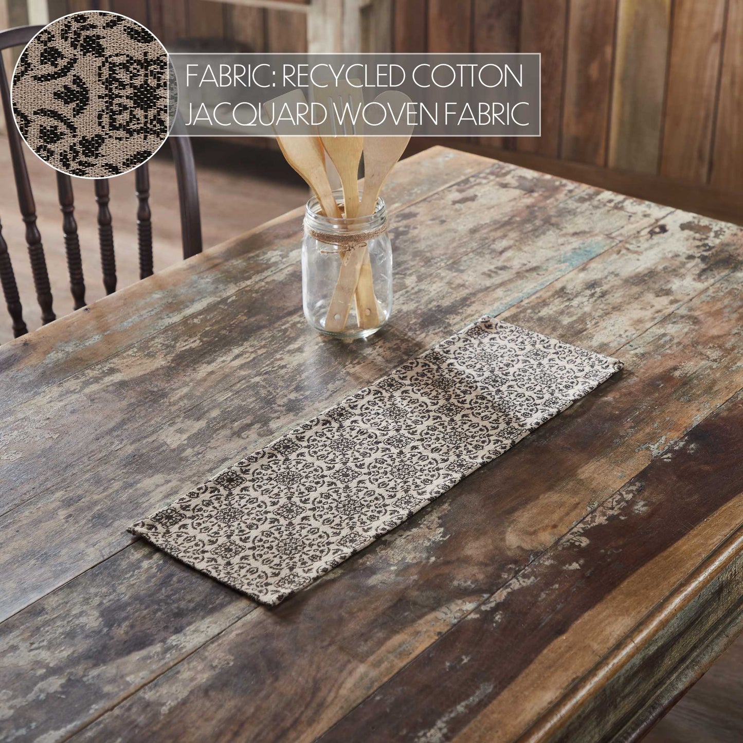 Black Tan Jacquard Table Runner 8x24