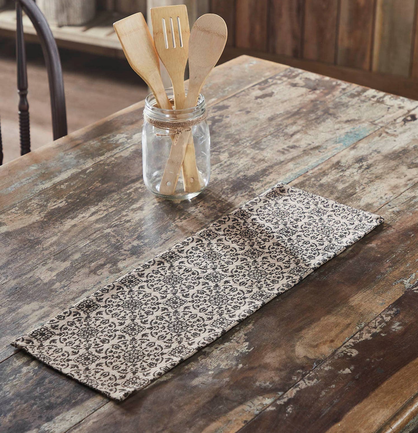 Black Tan Jacquard Table Runner 8x24